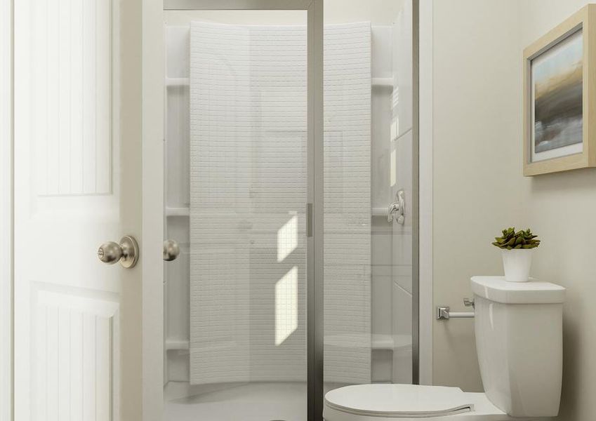 Rendering of the master bath showing the
spacious shower and the toilet. Rendering of the master bath showing the
spacious shower and the toilet.