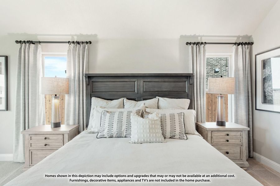Bedroom with dark wood headboard, two nightstands, and gray linen curtains flanking windows Bedroom with dark wood headboard, two nightstands, and gray linen curtains flanking windows