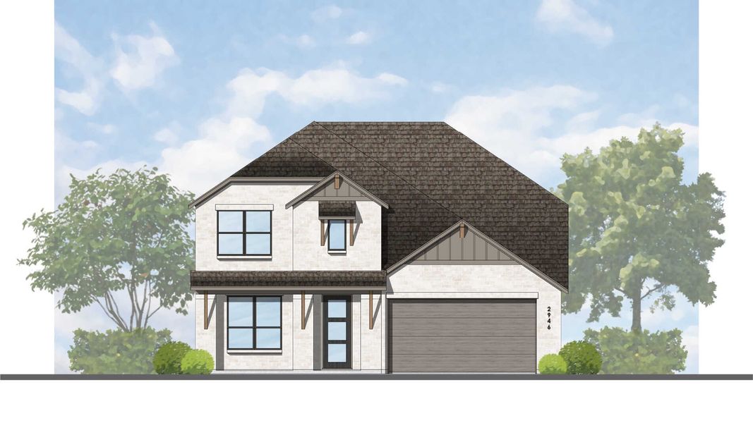 Representative exterior photo of a completed home built from the Solomon Plan by Highland Homes in Sonoma Verde: 60ft. lots, McLendon-Chisholm, TX (Image 7).