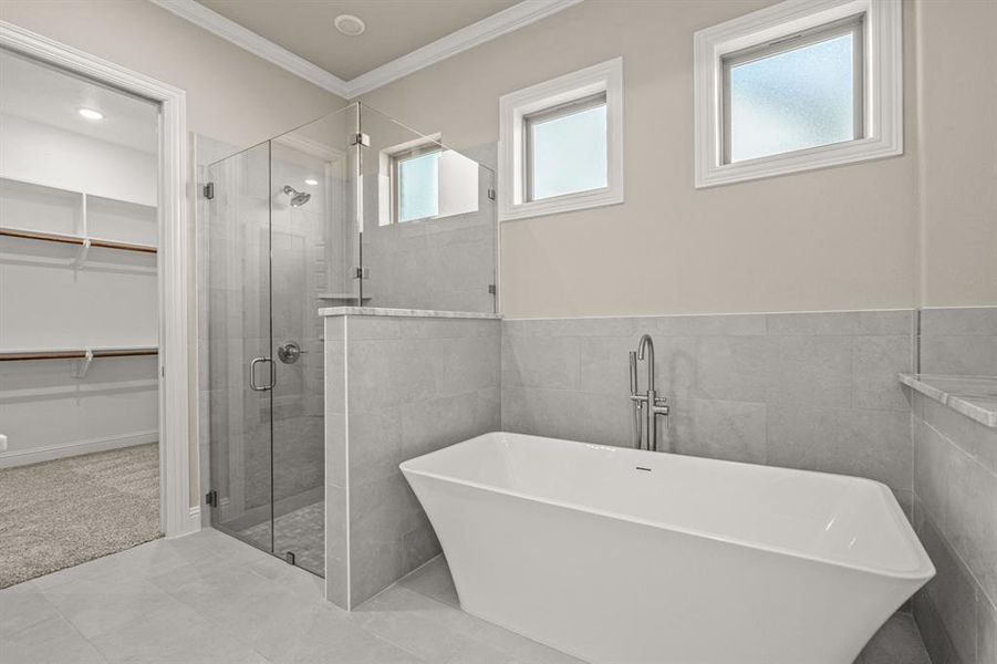 Full bathroom featuring a walk in closet, a freestanding tub, tile walls, a stall shower, and ornamental molding