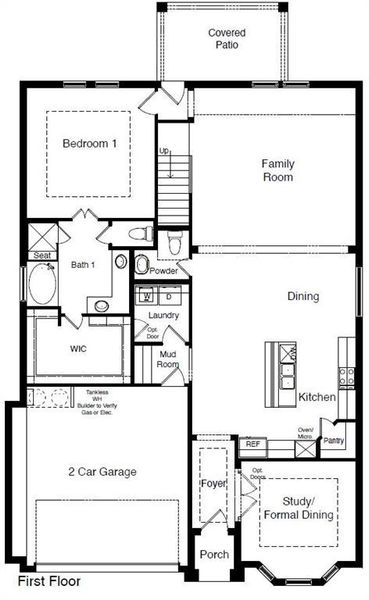 D.R. Horton's The Willow floorplan, 1st floor - Photos shown here may not depict the specified home and features and are included for illustration purposes only. Elevations, exterior/ interior colors, options, available upgrades, and standard features will vary in each community and may change without notice. May include options, elevations, and upgrades (such as patio covers, front porches, stone options, and lot premiums) that require an additional charge. Landscaping and furnishings are décor items and are not included in purchase price. Call sales agent for more details.