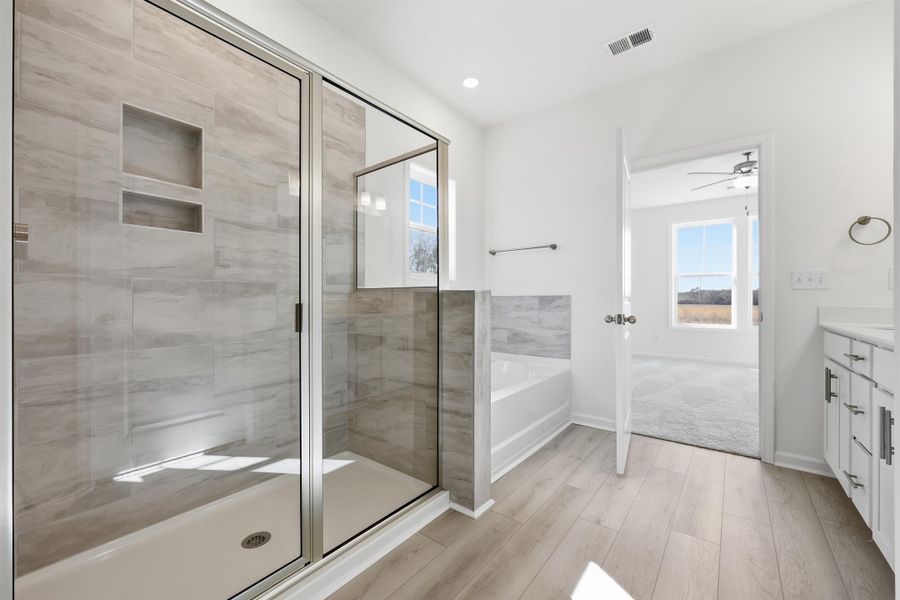 Bathroom featuring vanity, a shower stall, a bath, a ceiling fan, and recessed lighting