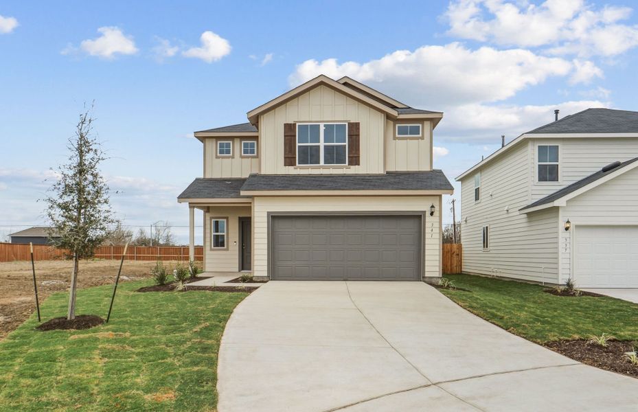 Front exterior of a new home in Larson Crossing, Elgin, TX, highlighting curb appeal (Image 19).