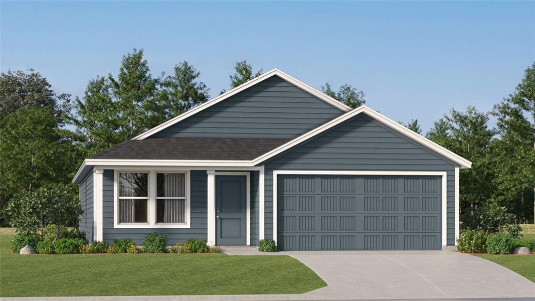 View of front of property featuring a shingled roof, a front yard, driveway, and an attached garage