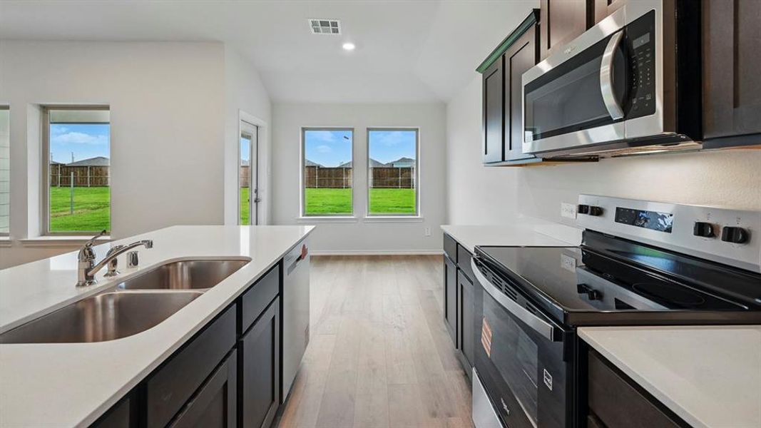 Kitchen with stainless steel appliances, light wood-type flooring, dark cabinets, recessed lighting, and vaulted ceiling