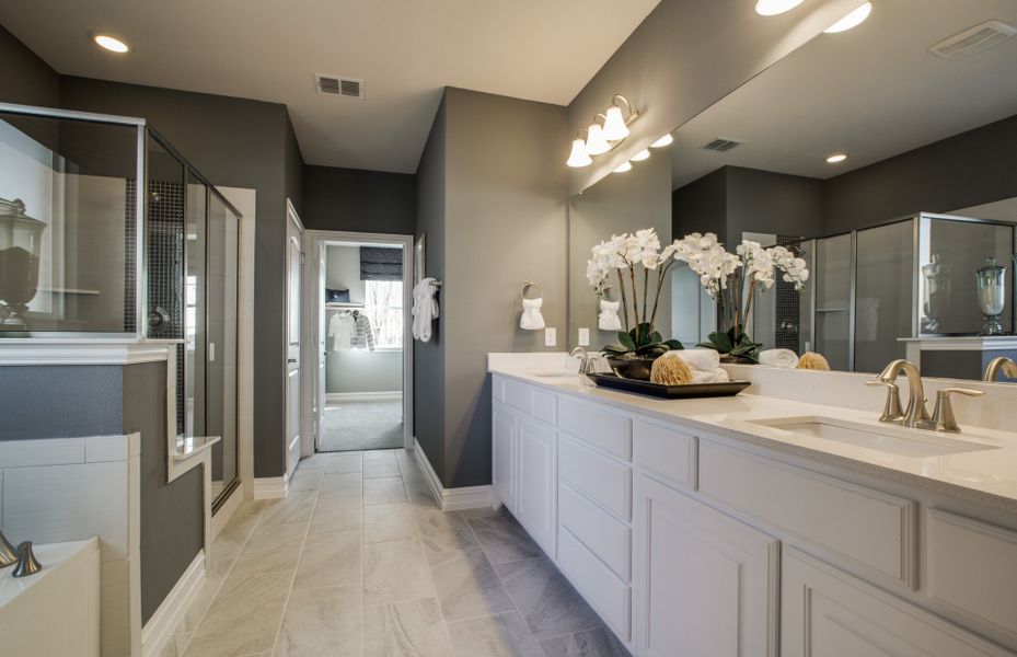 Owner's bath with dual sinks, walk-in shower, and access to huge walk-in closet