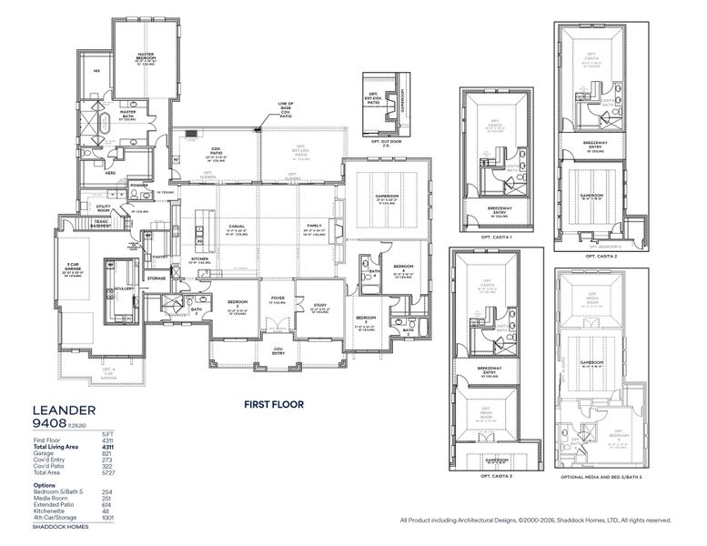 2D floor plan layout for the Leander - 9408 by Shaddock Homes in Hilltop Ranch, Leander, TX (Image 3).