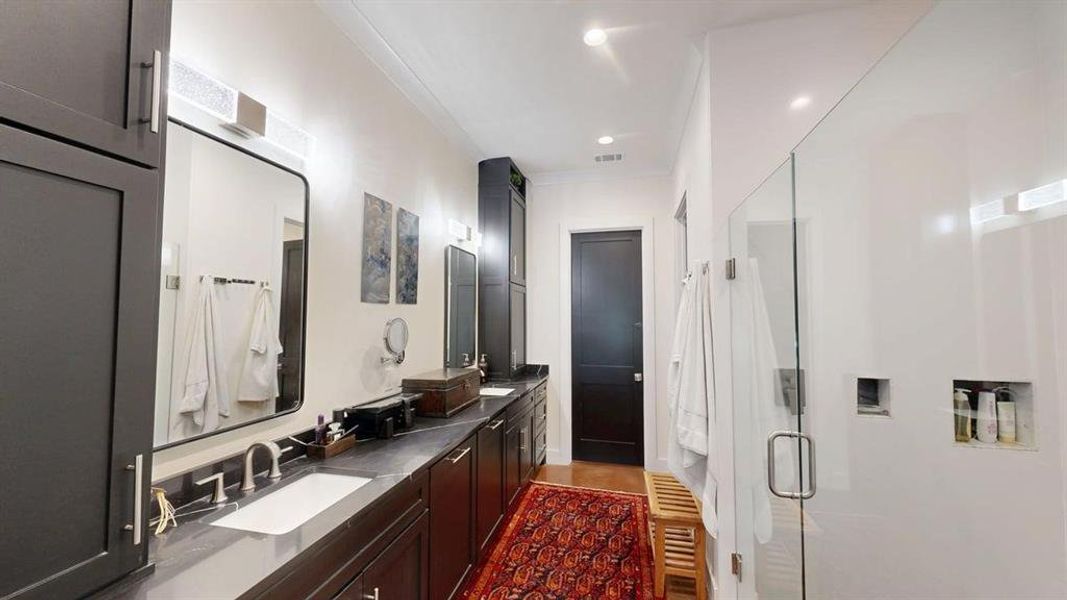 Huge tile shower and water closet
