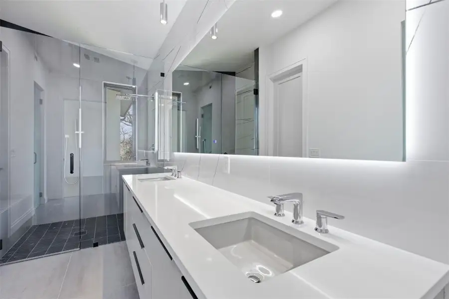 Up close of the vanity in the primary bathroom.