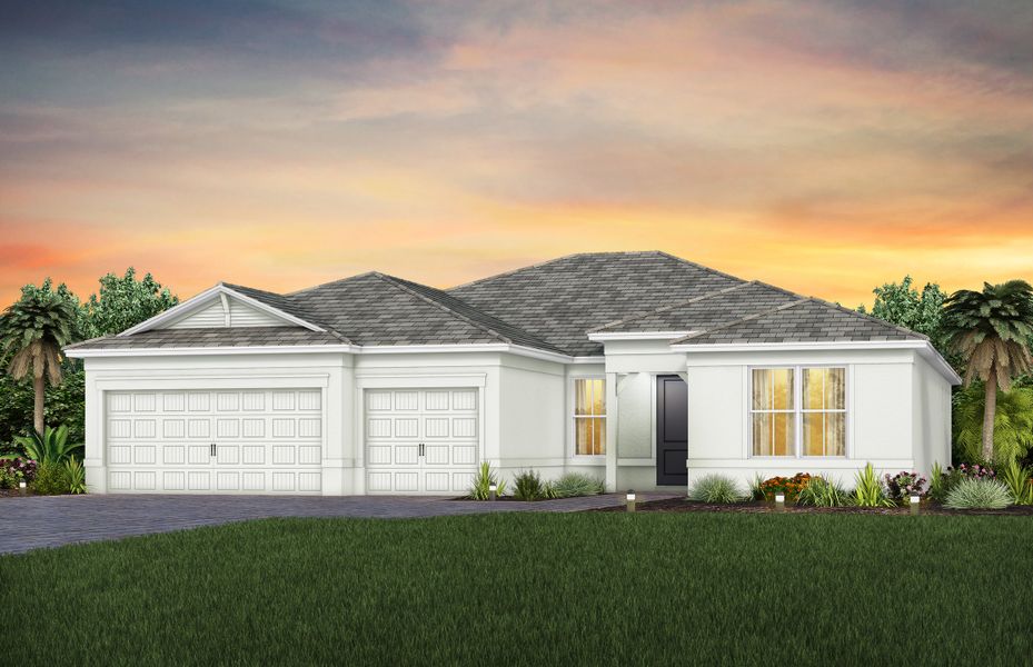 Front exterior of a new home in Del Webb Tradition, Port St. Lucie, FL, highlighting curb appeal (Image 1). Front exterior of a new home in Del Webb Tradition, Port St. Lucie, FL, highlighting curb appeal (Image 1).