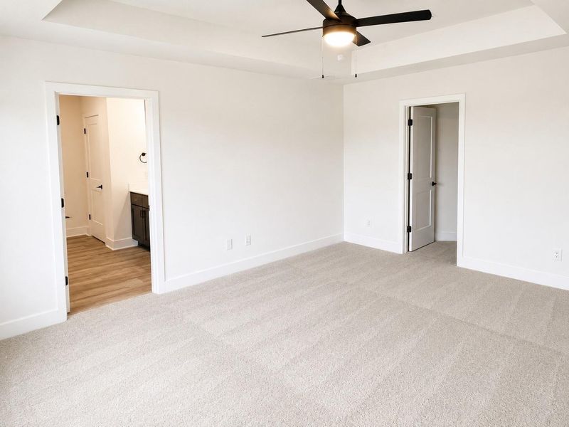 Spacious primary bedroom featuring a tray ceiling, plush carpeting, abundant natural light, and a relaxing private retreat atmosphere.