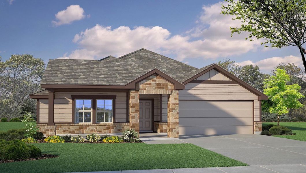 Representative exterior photo of a completed home built from the Dakota by D.R. Horton in Foxborough, Waco, TX (Image 1). Representative exterior photo of a completed home built from the Dakota by D.R. Horton in Foxborough, Waco, TX (Image 1).