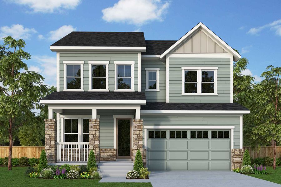 Representative exterior photo of a completed home built from the The Sloan by David Weekley Homes in Painted Prairie Legacy, Aurora, CO (Image 15).