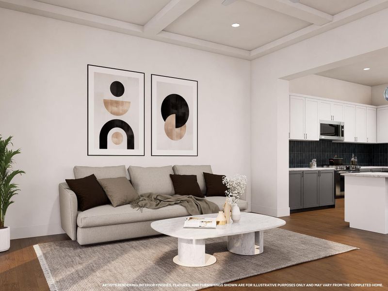Designed for everyday living and effortless entertaining, the spacious great room features an open-concept layout, abundant natural light, and a comfortable gathering space that connects seamlessly with the kitchen and dining areas. Image depicts artist's rendering; see New Home Sales Consultant for details.