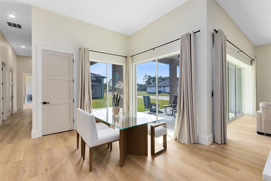 The dining area has a wonderful view of the lanai.