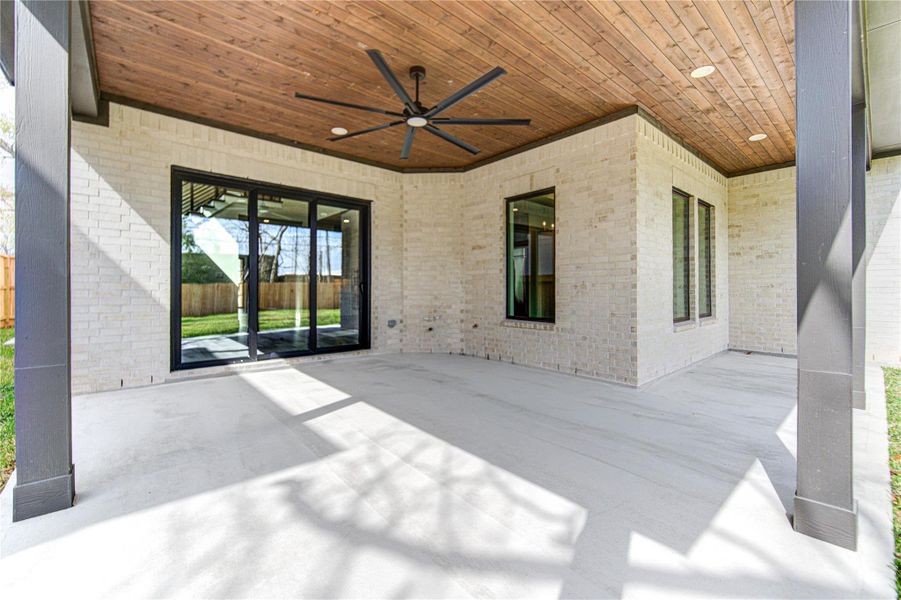 A view of the outdoor covered patio not virtually staged