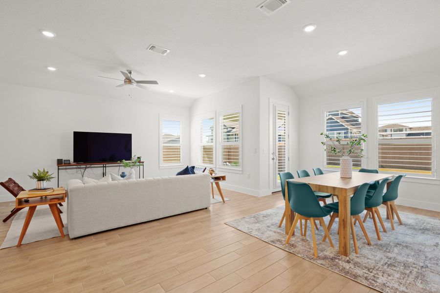 Dining room featuring recessed lighting, light wood-style flooring, and a ceiling fan
