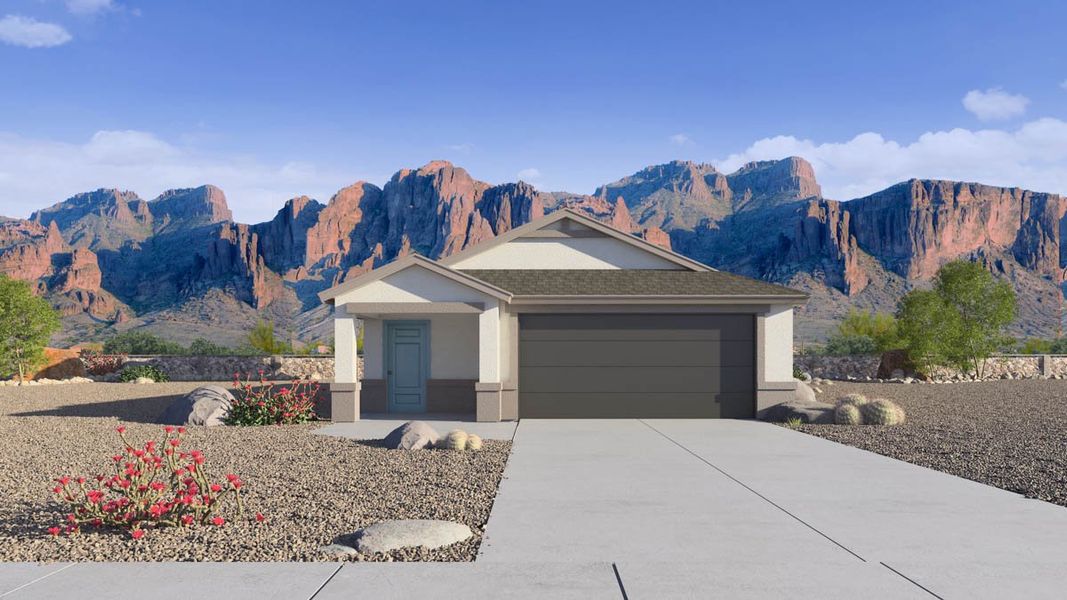 Front exterior of a new home in Elena Trails, Maricopa, AZ, highlighting curb appeal (Image 1). Front exterior of a new home in Elena Trails, Maricopa, AZ, highlighting curb appeal (Image 1).