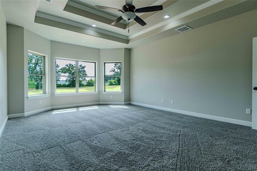 Carpeted empty room featuring ceiling fan, crown molding, and a tray ceiling