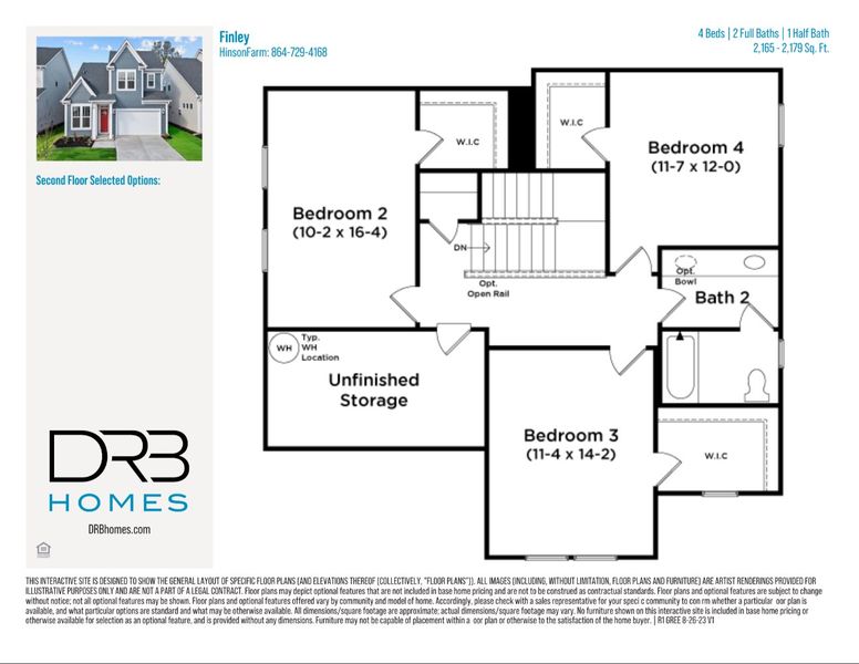 2D floor plan layout for the Finley by DRB Homes in Hinson Farm, Fountain Inn, SC (Image 4).