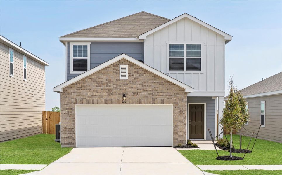 Front exterior of a new home in Sunset Oaks, Maxwell, TX, highlighting curb appeal (Image 20). Front exterior of a new home in Sunset Oaks, Maxwell, TX, highlighting curb appeal (Image 20).