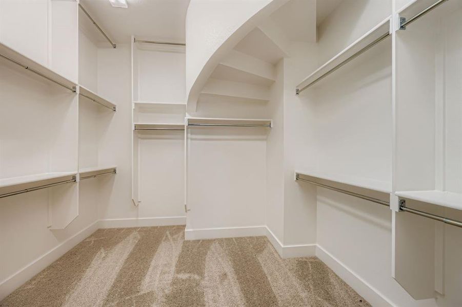 Spacious closet featuring light colored carpet