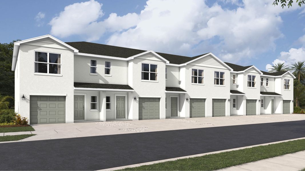 Front exterior of a new home in The Gardens at Bay Street, Sarasota, FL, highlighting curb appeal (Image 2). Front exterior of a new home in The Gardens at Bay Street, Sarasota, FL, highlighting curb appeal (Image 2).
