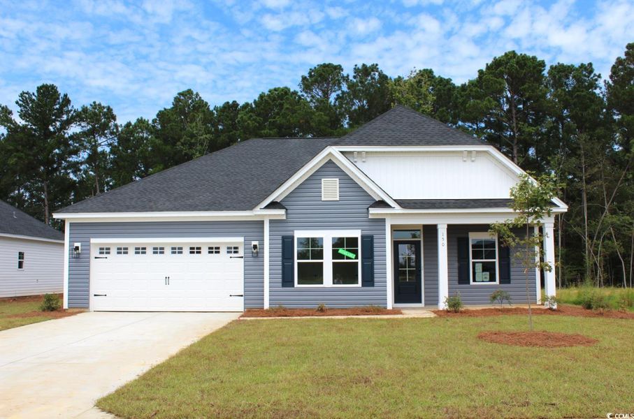 View of front of house featuring roof with shingles, an attached garage, covered porch, concrete driveway, and a front yard View of front of house featuring roof with shingles, an attached garage, covered porch, concrete driveway, and a front yard