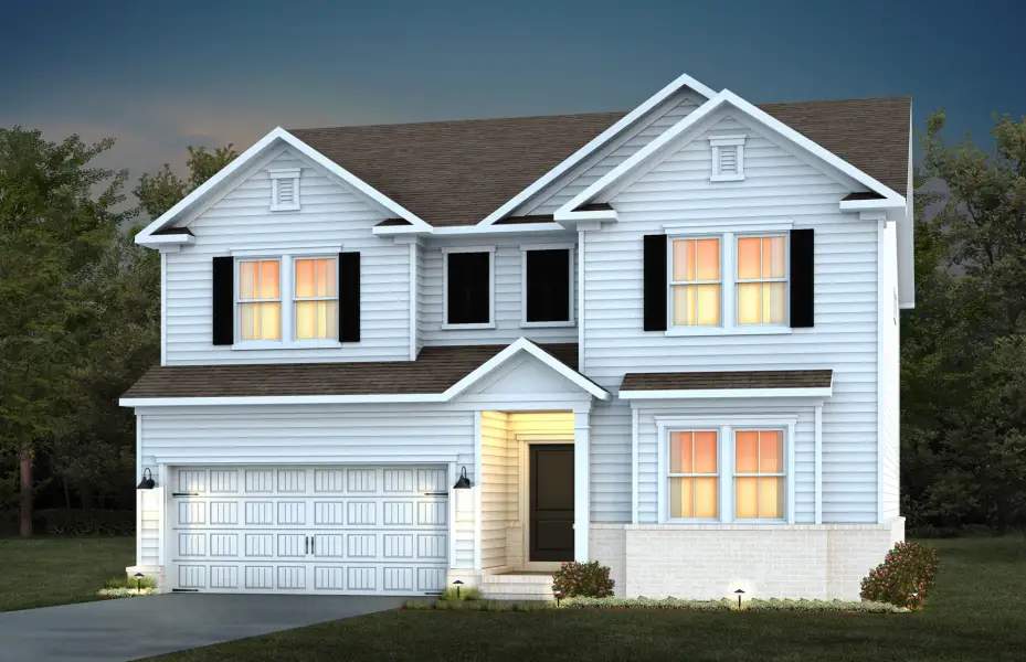 Front exterior of a new home in Exchange at 401, Raleigh, NC, highlighting curb appeal (Image 2). Front exterior of a new home in Exchange at 401, Raleigh, NC, highlighting curb appeal (Image 2).