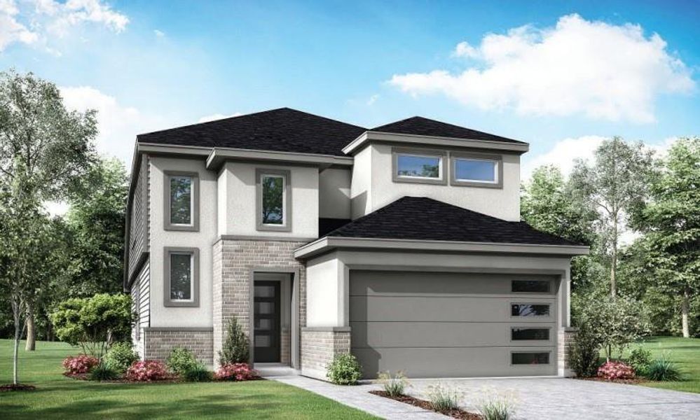 Front exterior of a new home in Meridiana 40', 65', Iowa Colony, TX, highlighting curb appeal (Image 1). Front exterior of a new home in Meridiana 40', 65', Iowa Colony, TX, highlighting curb appeal (Image 1).
