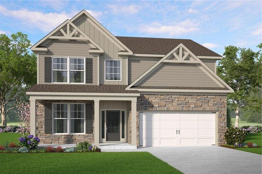 Front exterior of a new home in Clark Farms, Flowery Branch, GA, highlighting curb appeal (Image 1). Front exterior of a new home in Clark Farms, Flowery Branch, GA, highlighting curb appeal (Image 1).