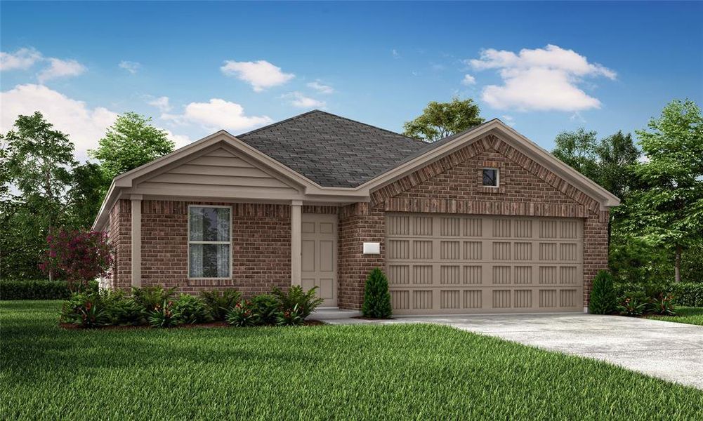 View of front of house with a garage and a front yard