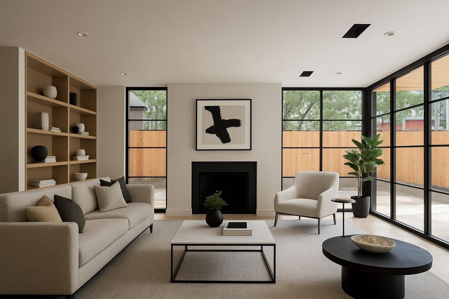 Well-lit living room offers a sleek fireplace, built-in shelving, and extensive windows. AI Staging.