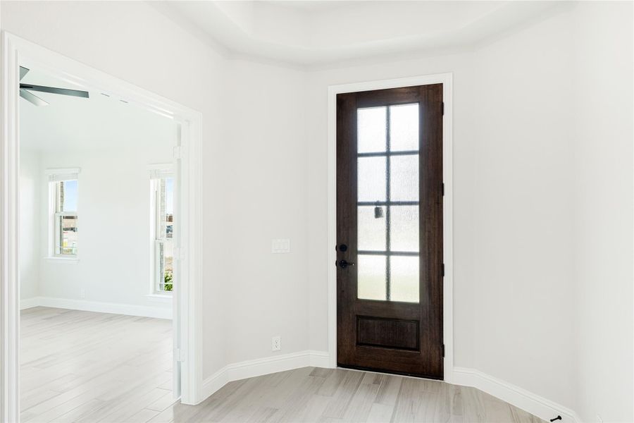 Entryway with dark wood door featuring glass panels, white walls, and light wood-look floors opening to adjacent room