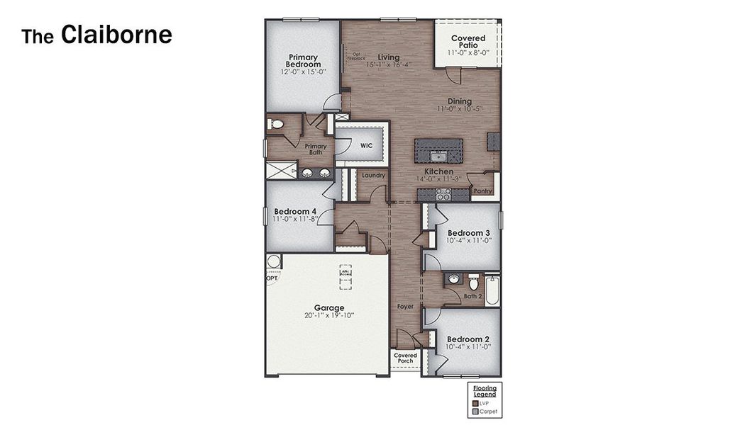 2D floor plan layout for the Claiborne by D.R. Horton in The Grove at Blake Farm, Wilmington, NC (Image 4).