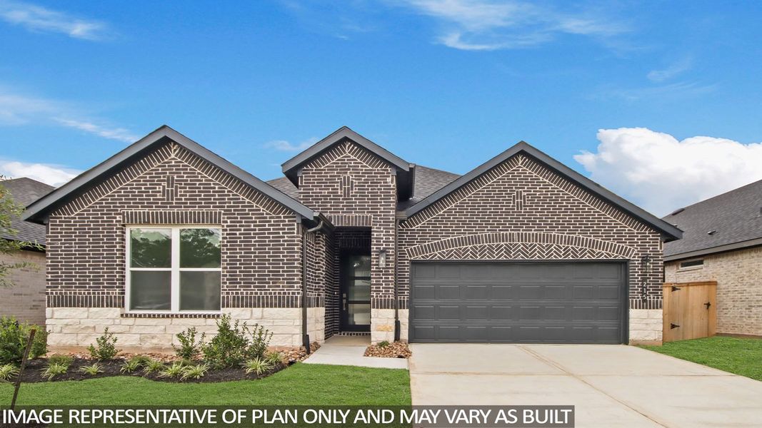 Representative exterior photo of a completed home built from the Emerald by D.R. Horton in Mill Creek Estates, Magnolia, TX (Image 1). Representative exterior photo of a completed home built from the Emerald by D.R. Horton in Mill Creek Estates, Magnolia, TX (Image 1).