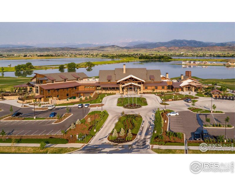 Heron Lakes Clubhouse with Rocky Mountain backdrop