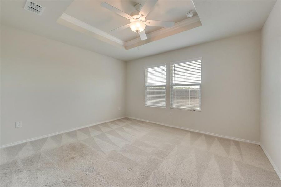 Carpeted bedroom with ceiling fan and a raised ceiling