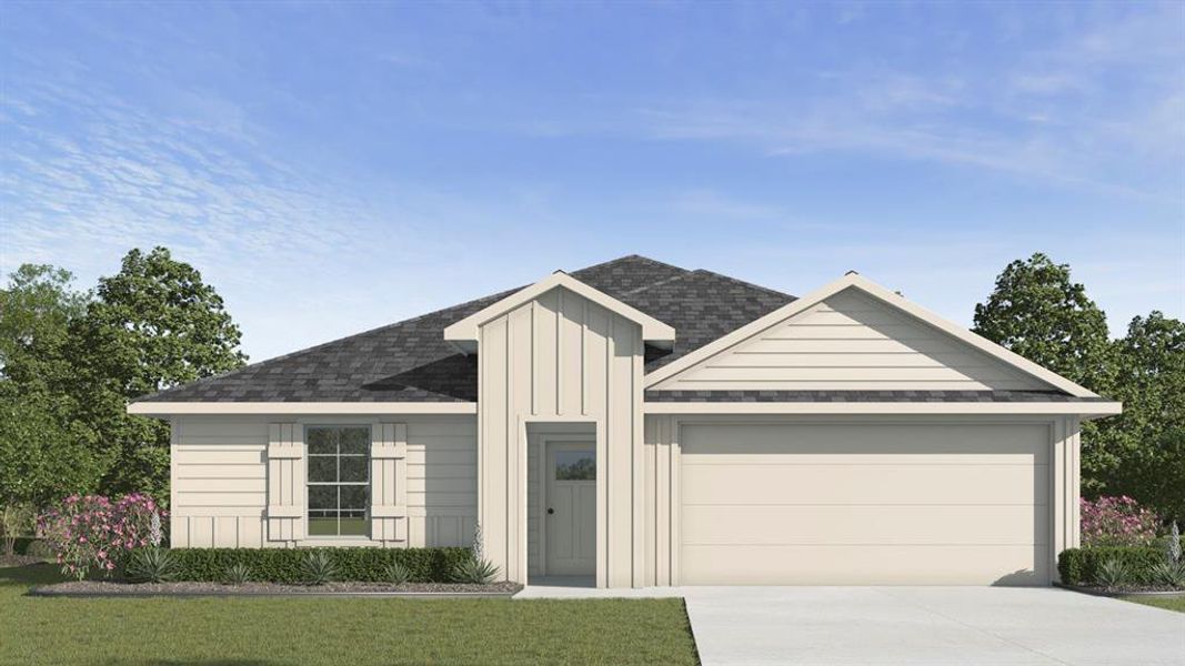 View of front of home featuring a garage and a front lawn