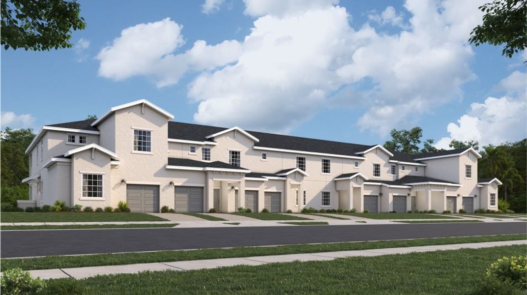 Front exterior of a new home in Ibis Landing Golf & Country Club: Carriage Homes, Lehigh Acres, FL, highlighting curb appeal (Image 1).