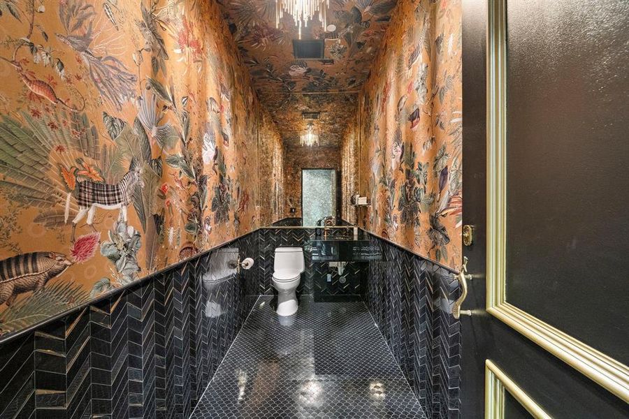 Lobby at London House provides astylish powder bath.