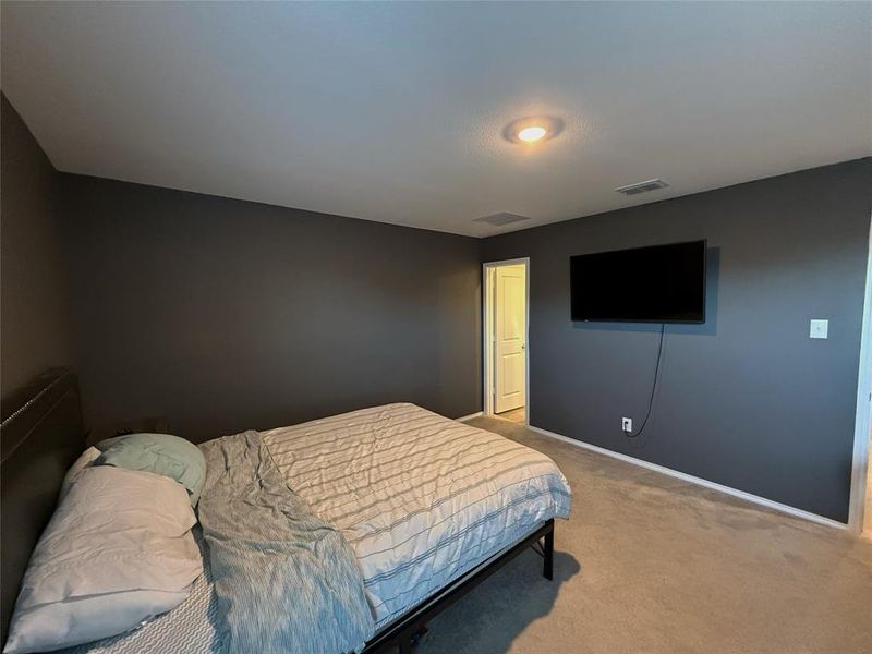 Bedroom featuring neutral gray wall paint, carpeting, and white baseboards Bedroom featuring neutral gray wall paint, carpeting, and white baseboards