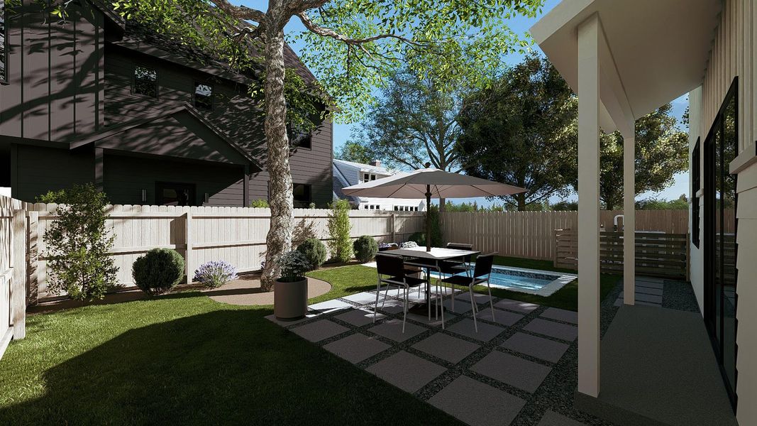 Expansive backyard featuring a rectangular swimming pool, concrete paver patio, a covered patio area, and mature perimeter landscaping