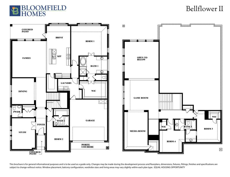 Bloomfield Homes Bellflower II two-story floor plan with four bedrooms, game room, media room, and covered patio.