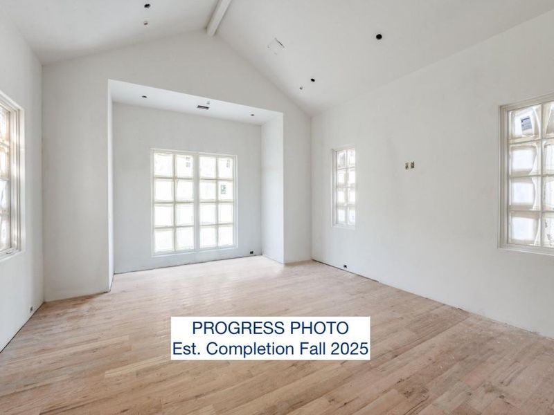 Progress Photo, Primary Bedroom downstairs with Vaulted Ceiling. Estimated Completion Fall 2025.