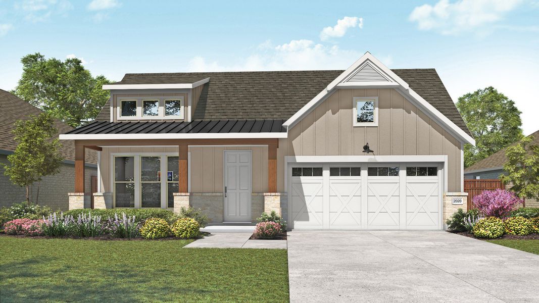 Representative exterior photo of a completed home built from the Laurel by DRB Homes in Parkside on the River, Georgetown, TX (Image 6). Representative exterior photo of a completed home built from the Laurel by DRB Homes in Parkside on the River, Georgetown, TX (Image 6).
