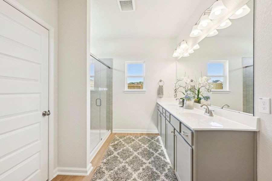 Oakshire II- Primary Bath. Sample image for illustration; upgrades, options, and colors may vary. Oakshire II- Primary Bath. Sample image for illustration; upgrades, options, and colors may vary.