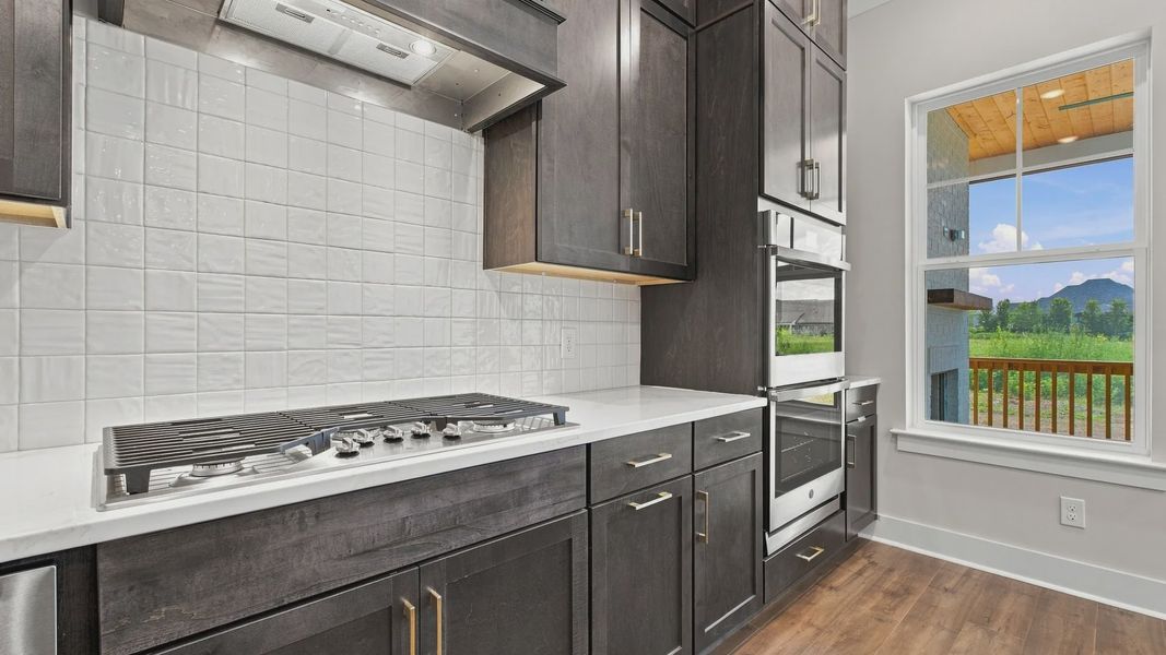 Stove and kitchen cabinets featuring window with backyard view.