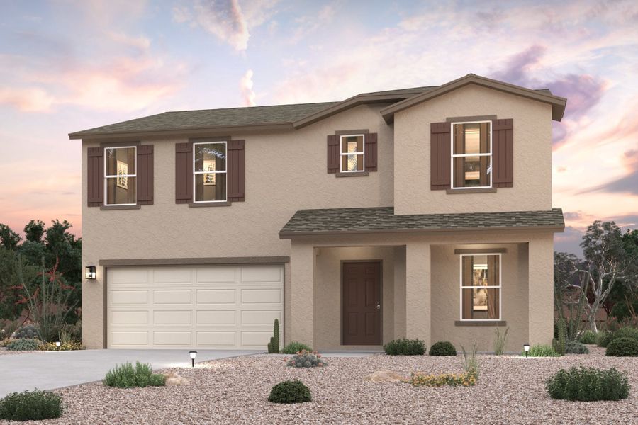 Front exterior of a new home in Coolidge Gateway Manor, Coolidge, AZ, highlighting curb appeal (Image 1). Front exterior of a new home in Coolidge Gateway Manor, Coolidge, AZ, highlighting curb appeal (Image 1).