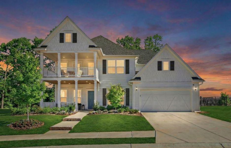 Front exterior of a new home in Reunion, Flowery Branch, GA, highlighting curb appeal (Image 24).